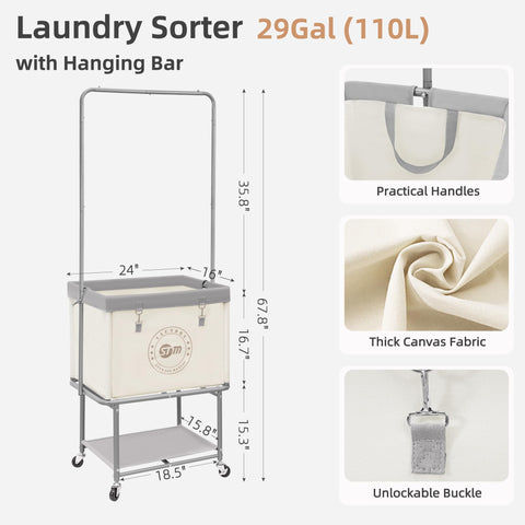 Storage Maniac rolling laundry cart raised upper basket eases loading and unloading.