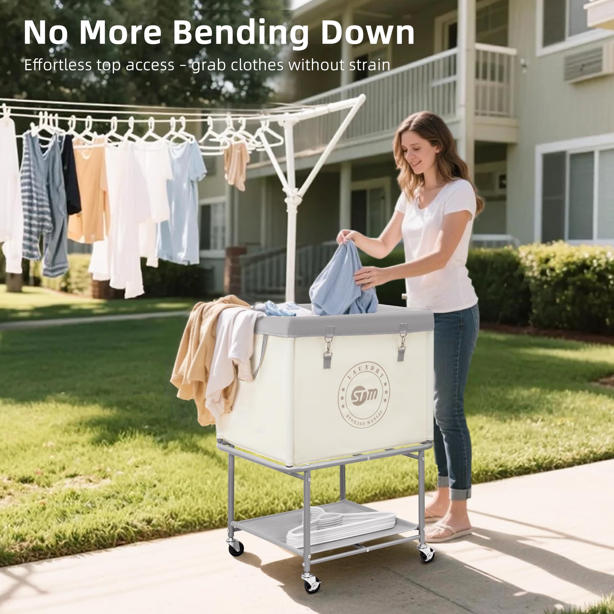 Storage Maniac laundry cart wheels glide smoothly on floors for easy transport.