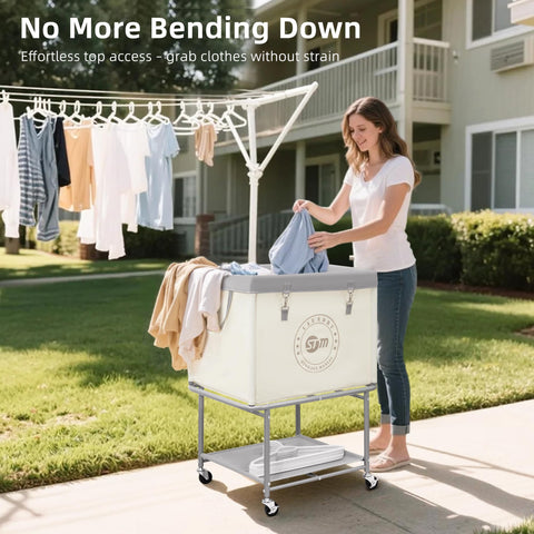 Storage Maniac laundry cart wheels glide smoothly on floors for easy transport.