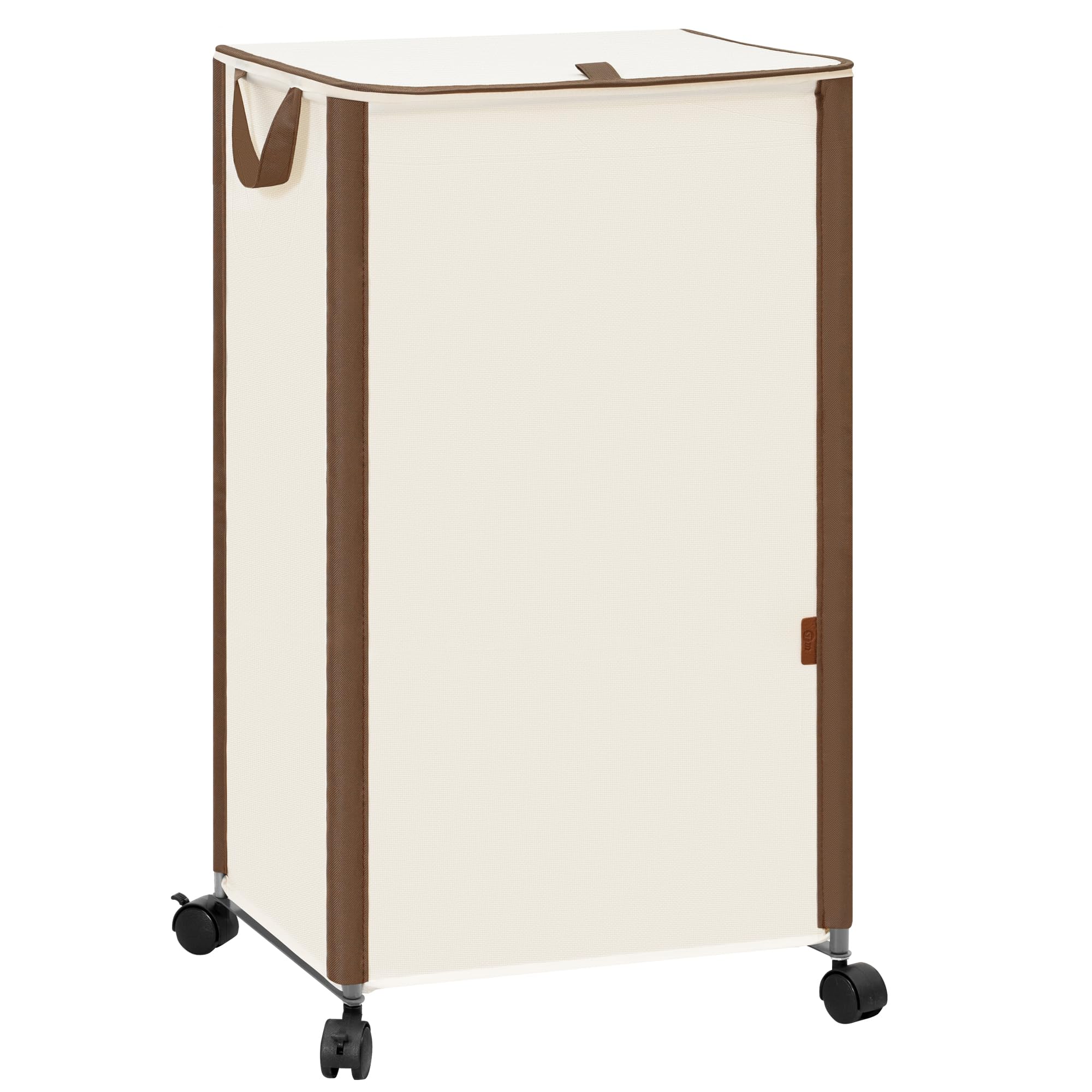 Storage Maniac rolling laundry hamper with beige lid keeps clothes organized.