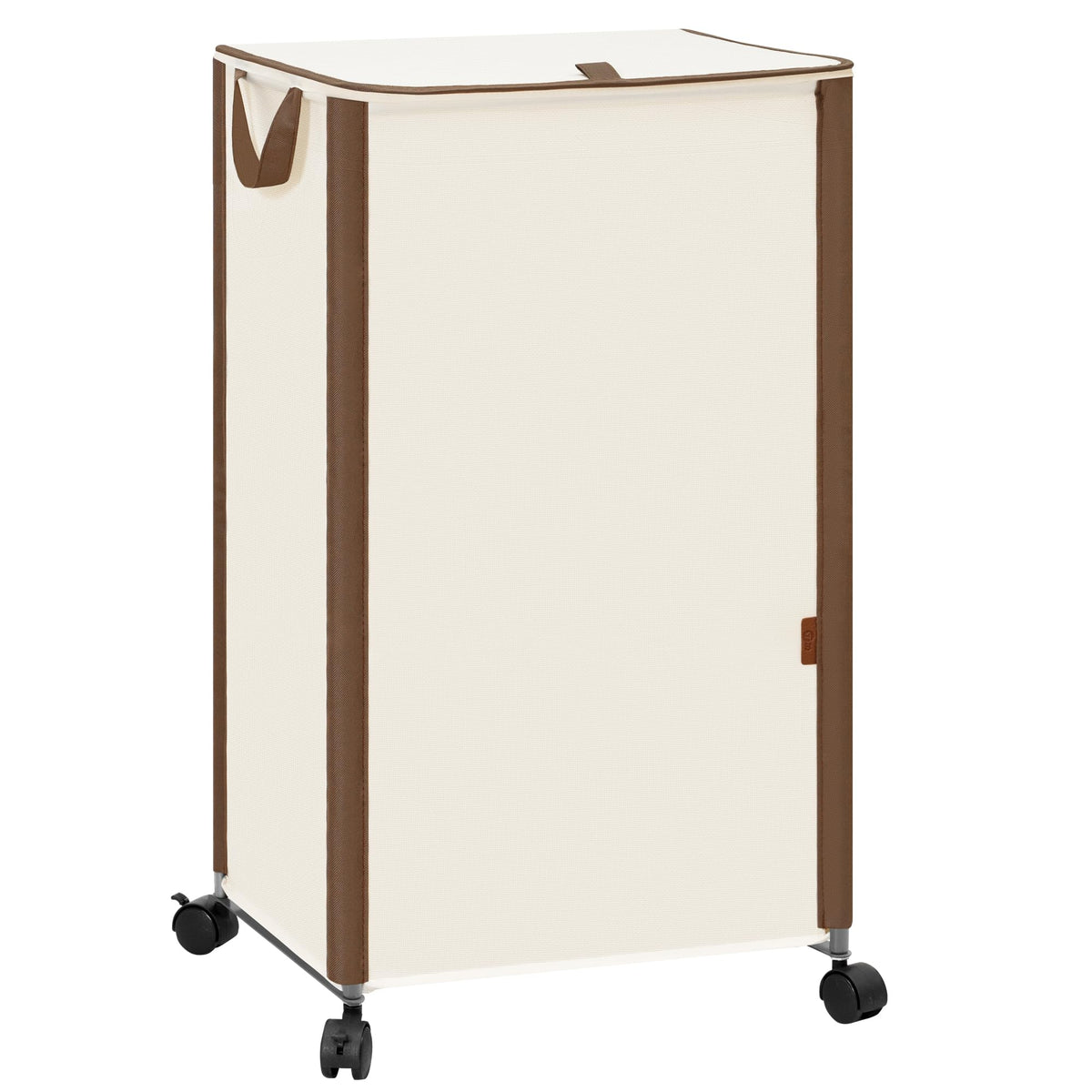 Storage Maniac rolling laundry hamper with beige lid keeps clothes organized.