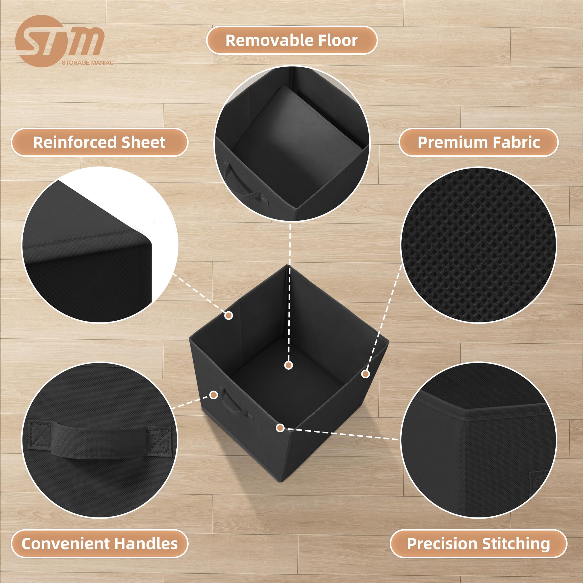 STORAGE MANIAC six-pack fabric bins in black offer versatile dorm or closet storage.