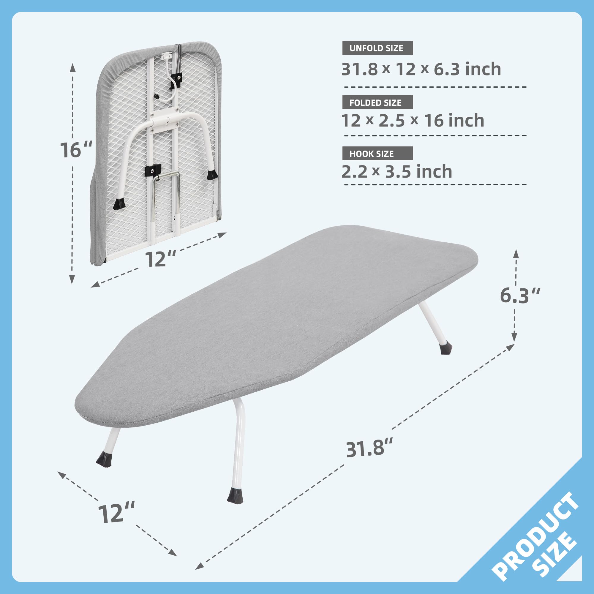 Storage Maniac Tabletop Ironing Board hanging hook enables easy closet organization after use.