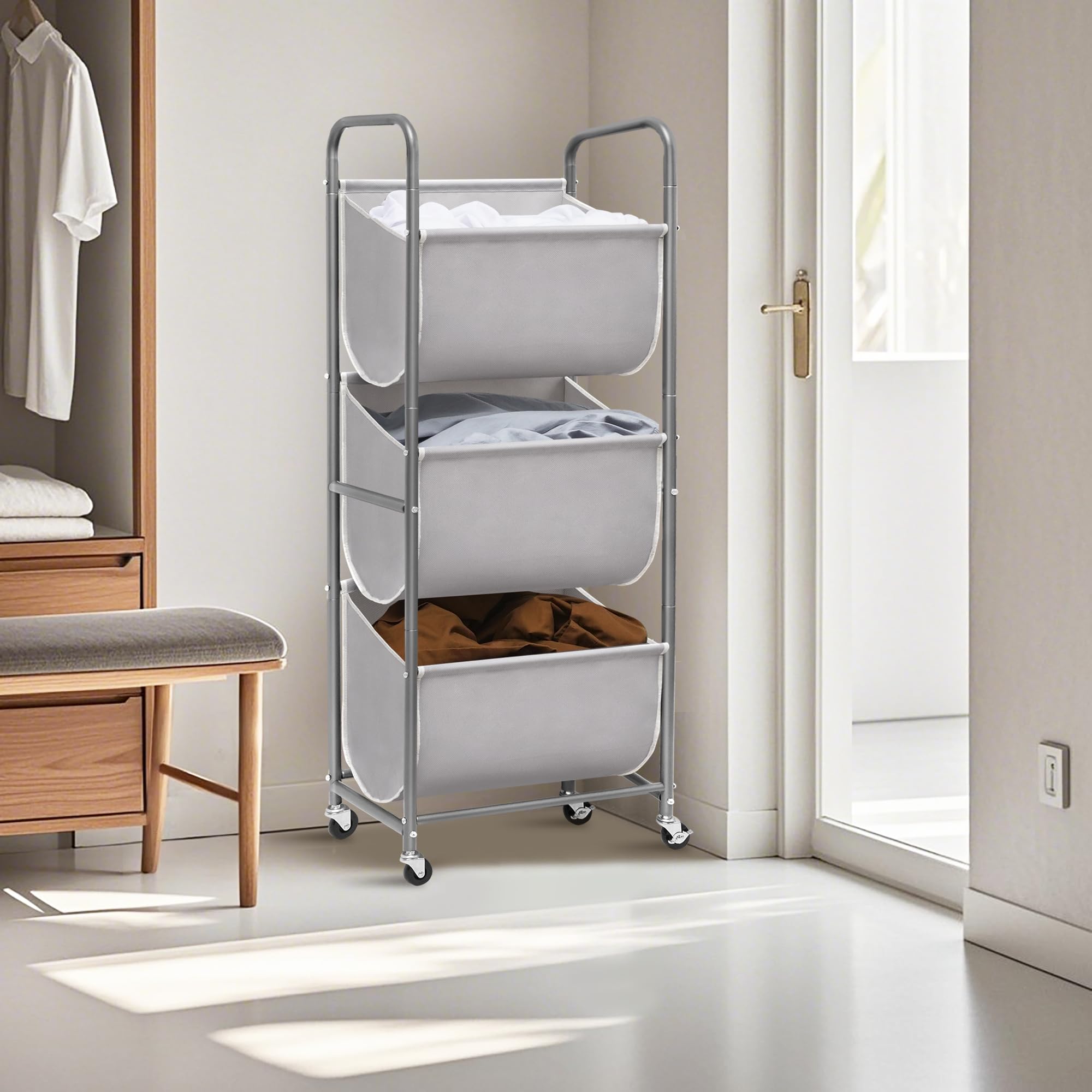 Storage Maniac three-section sorter keeps laundry organized by category.