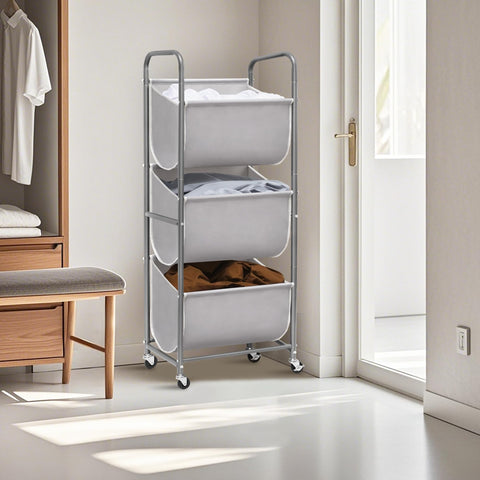 Storage Maniac three-section sorter keeps laundry organized by category.