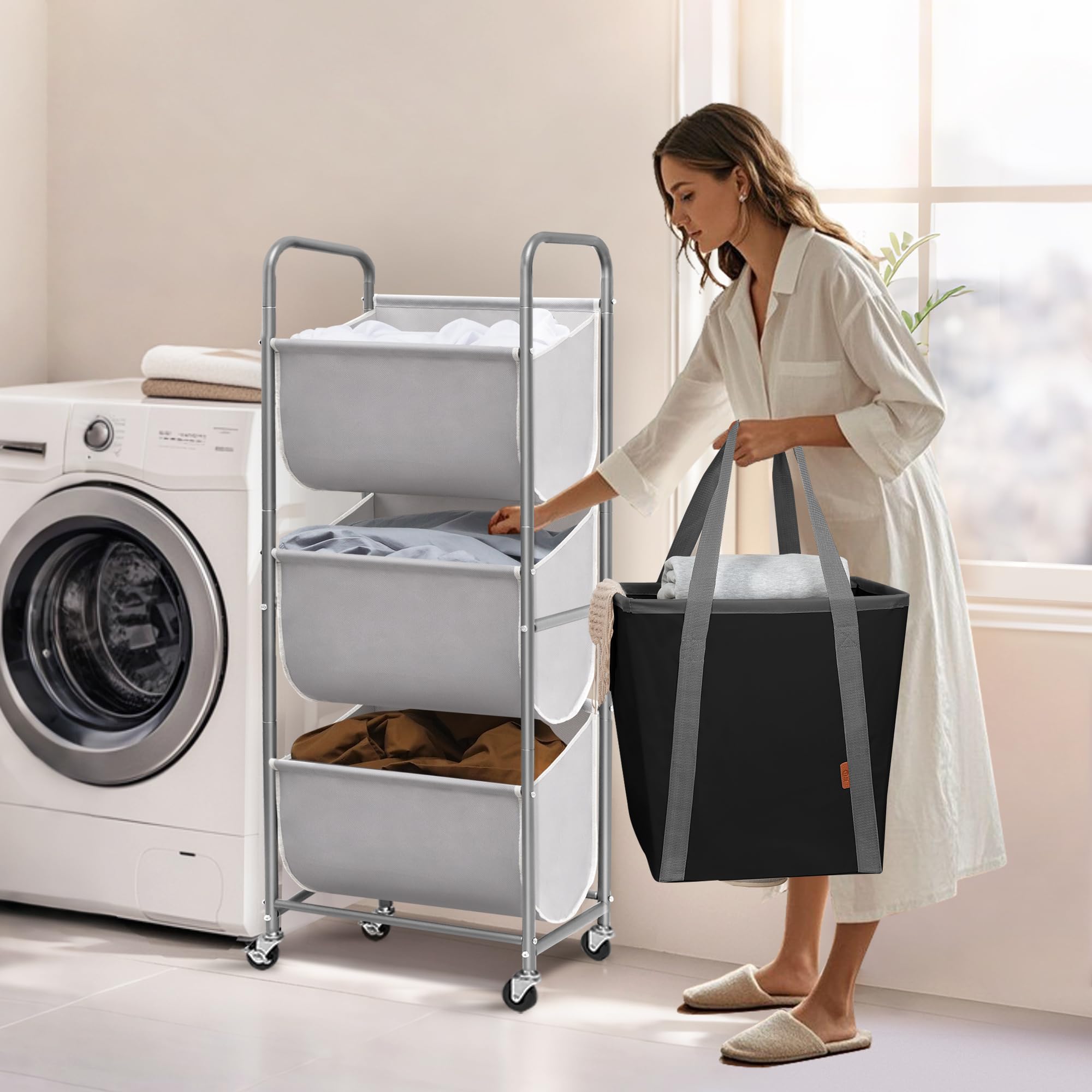Storage Maniac rolling hamper with wheels for easy relocation.