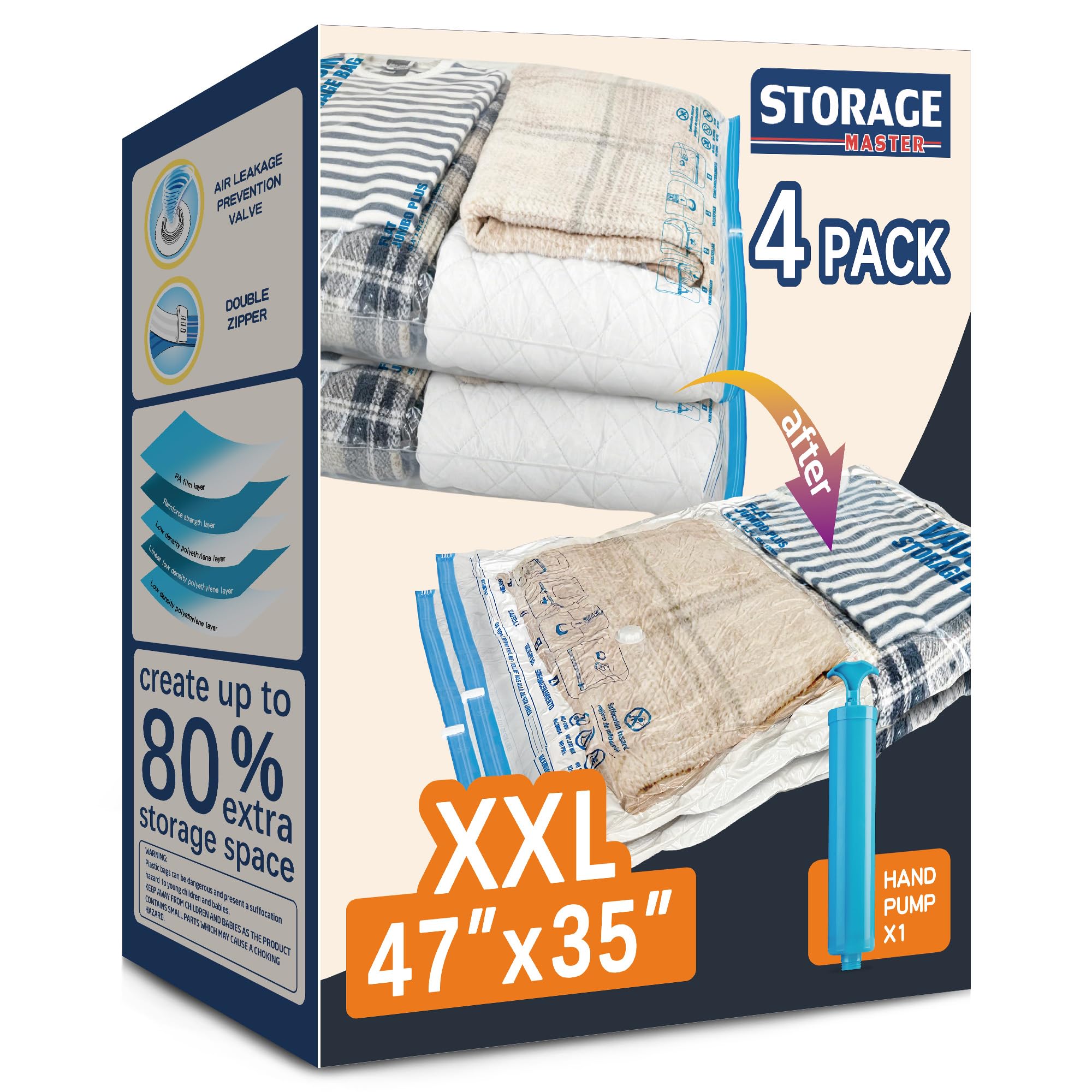 Storage Master XXL bags laid flat to show generous 47x35 size for bulky items, space-saving.