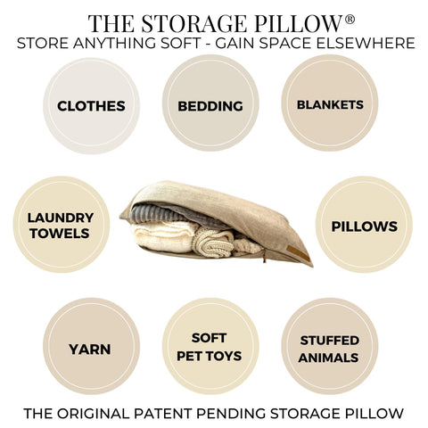 STORAGE PILLOW XL interior volume ~100L suitable for bedding and clothes storage.