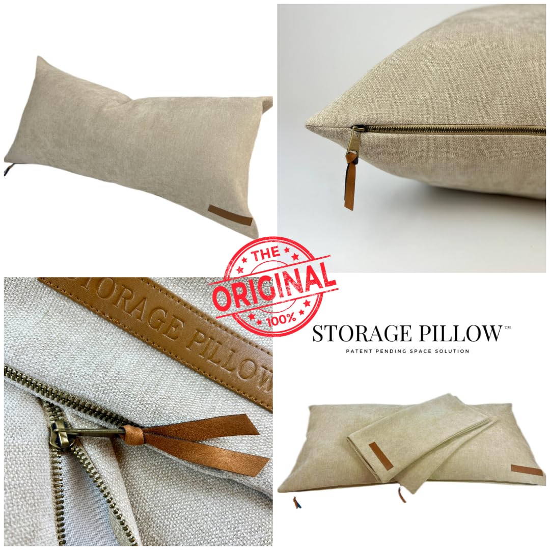 STORAGE PILLOW XL neutral tan fabric complements decor while saving space.