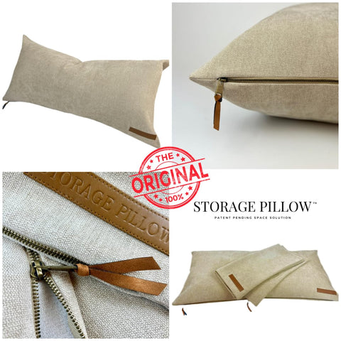 STORAGE PILLOW XL neutral tan fabric complements decor while saving space.
