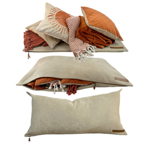 STORAGE PILLOW XL zippered pillowcase with full-length zipper for easy interior access.