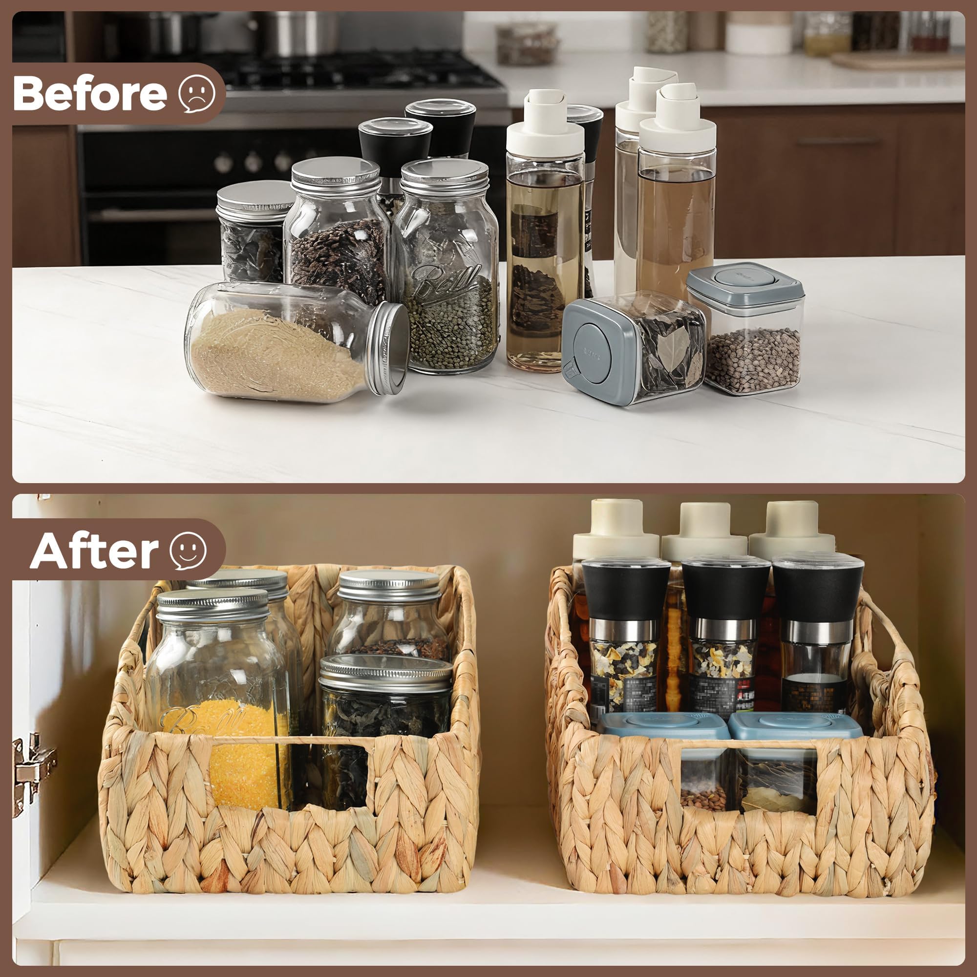 Storage Standard water hyacinth basket set adds natural decor to shelves