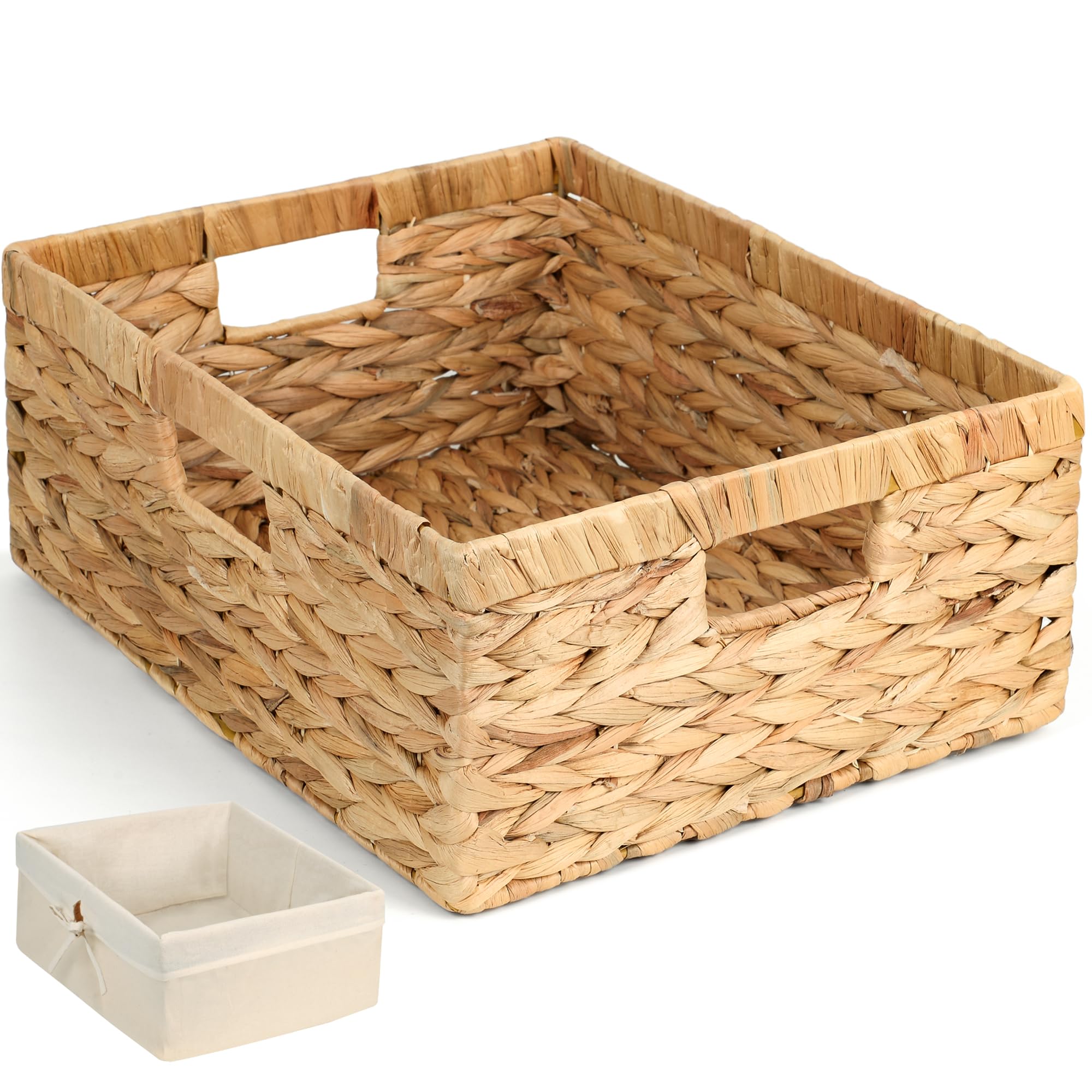 Storage Standard wicker shelf basket with water hyacinth and removable liner for versatile storage.