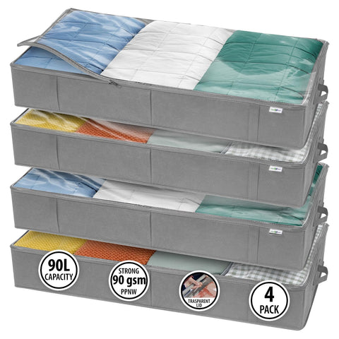 StorageExpert underbed storage bin with clear lid for easy content identification.