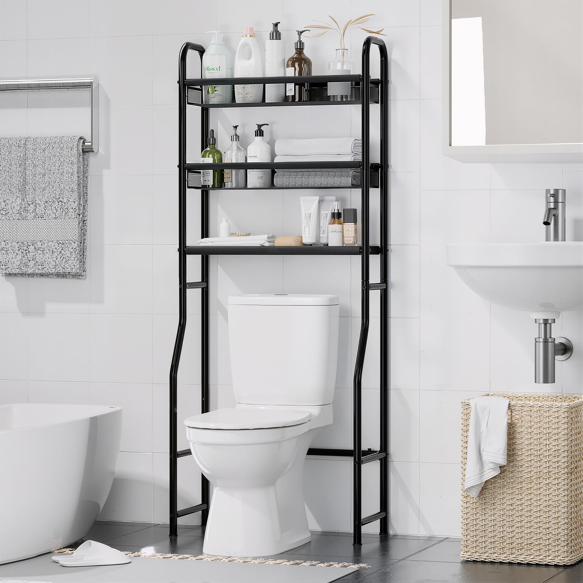 StorageIDEAS breathable vinyl mesh shelves provide organized bathroom storage with airflow.