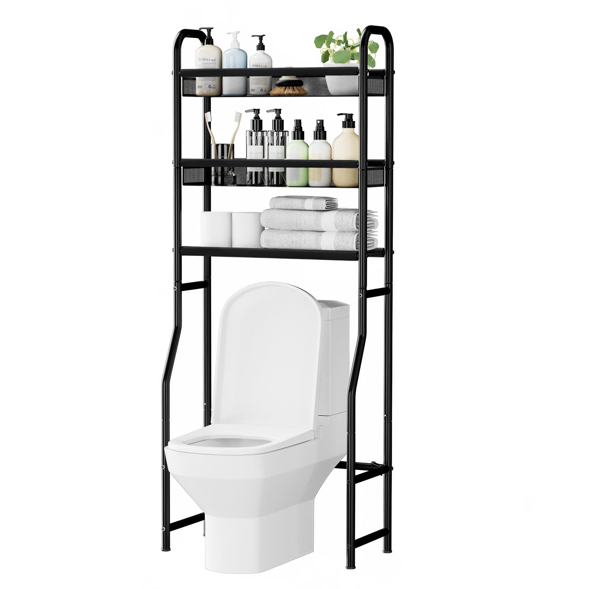 StorageIDEAS over-the-toilet 3-tier black shelf saves space for towels and essentials.