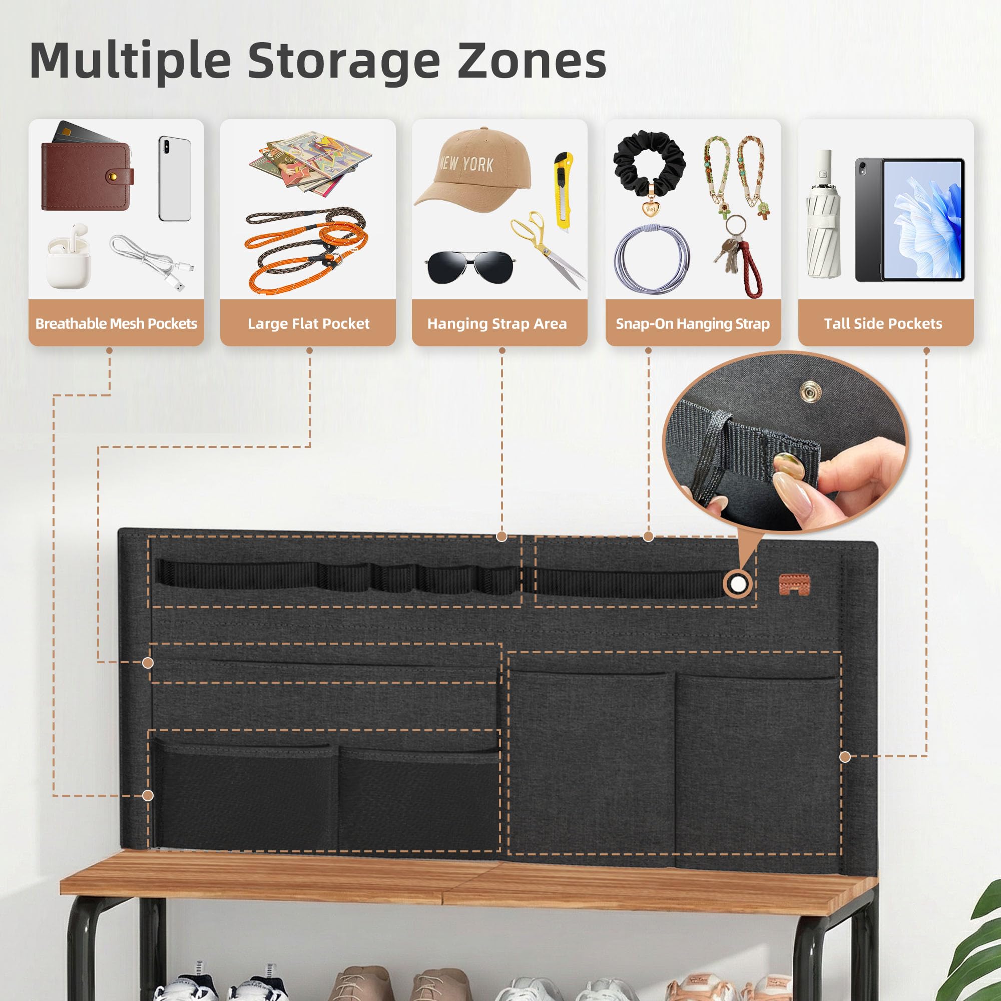 Storage Maniac entryway organizer with pockets for keys and hats.