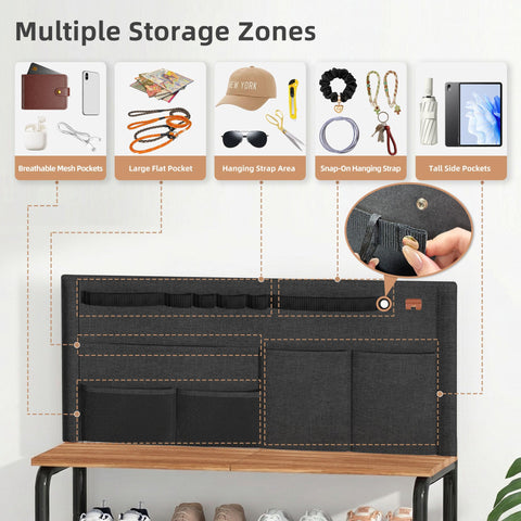 Storage Maniac entryway organizer with pockets for keys and hats.