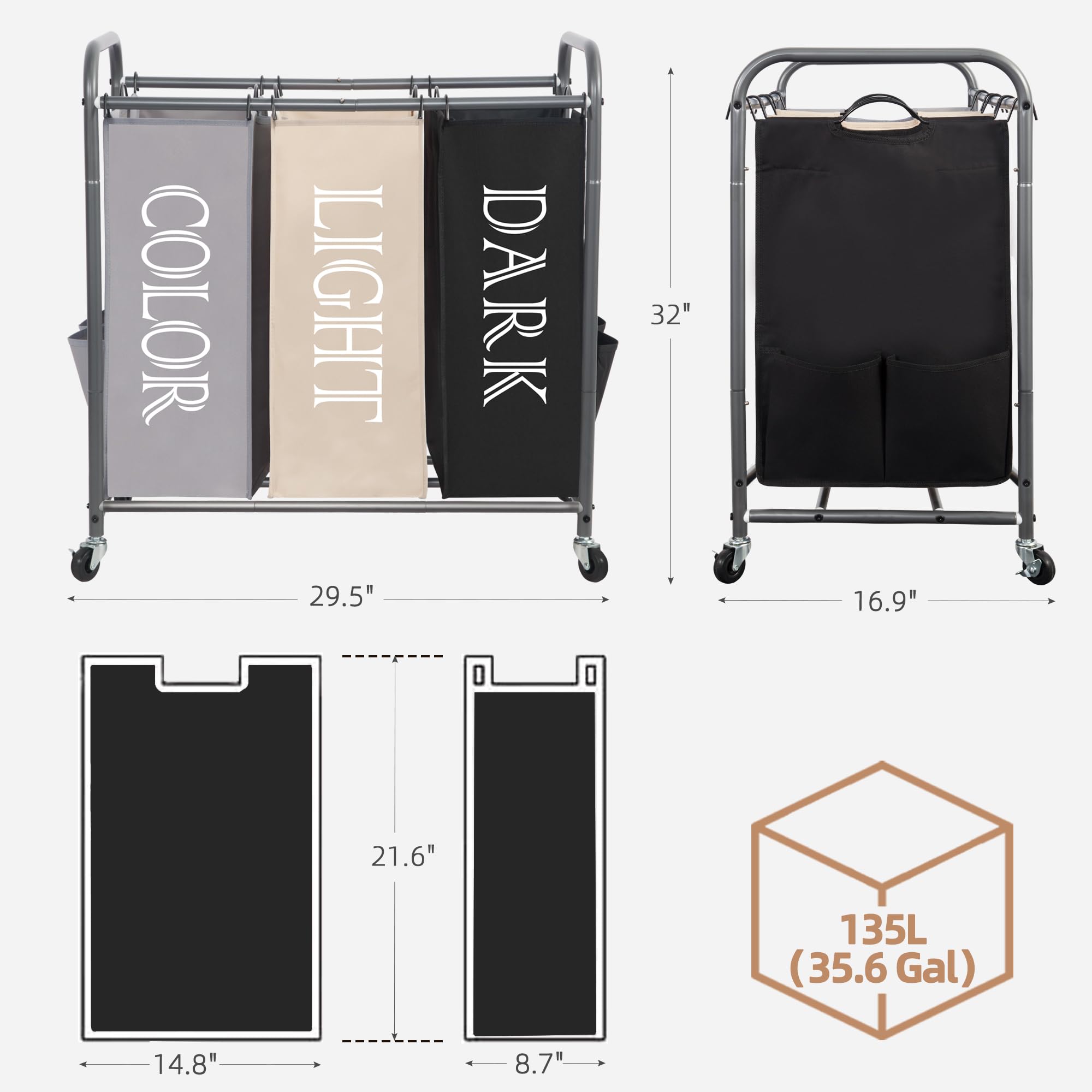 Storage Maniac laundry bags removable with waterproof lining for easy transport.