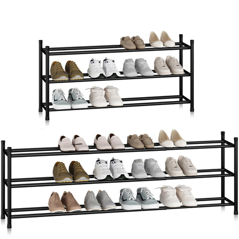 STORAGE MANIAC long expandable shoe rack on the floor with full shelves.