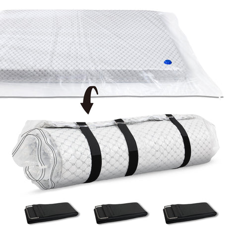 Storage Master twin mattress bag showing roll-and-compressed bundle for easy storage