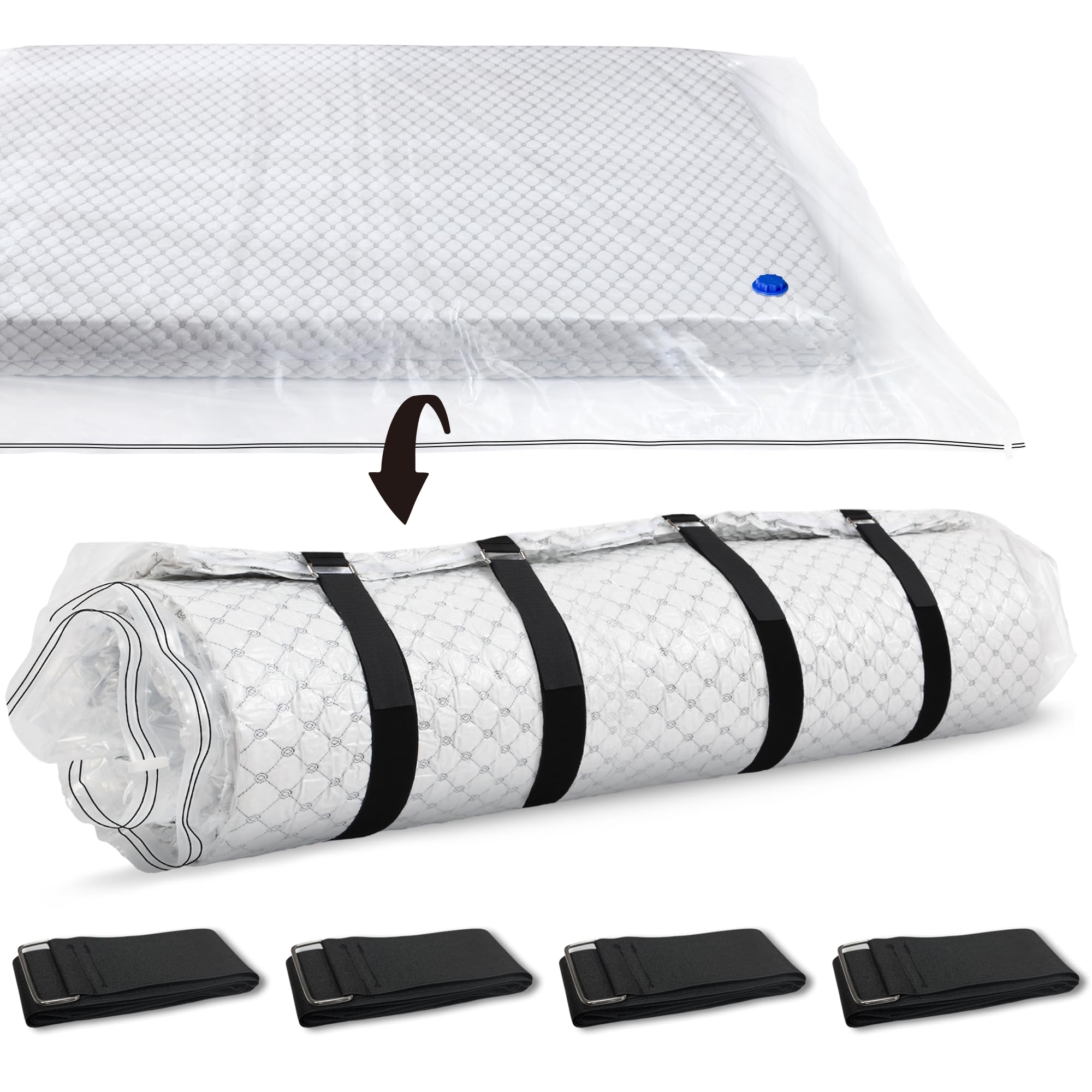 Storage Master vacuum bag shows queen mattress secured in bag for compact storage