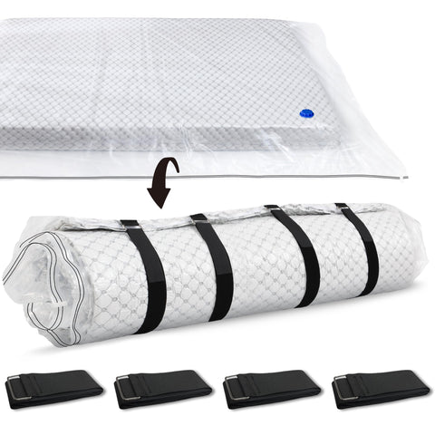Storage Master vacuum bag shows queen mattress secured in bag for compact storage