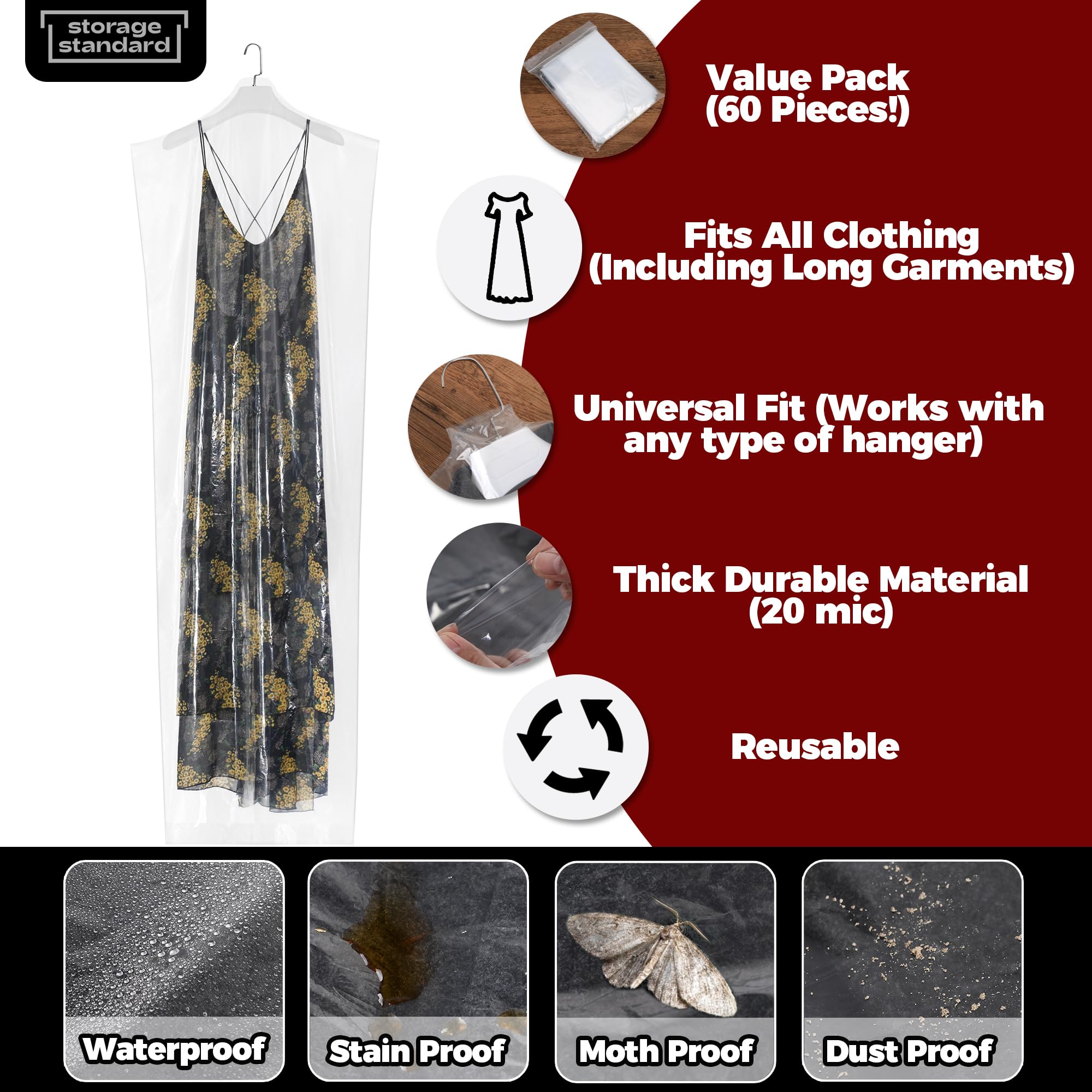 Storage Standard 72-inch bag covers long dresses to prevent wrinkles