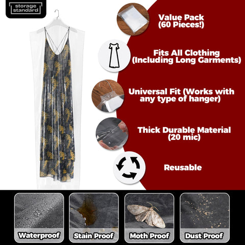 Storage Standard 72-inch bag covers long dresses to prevent wrinkles