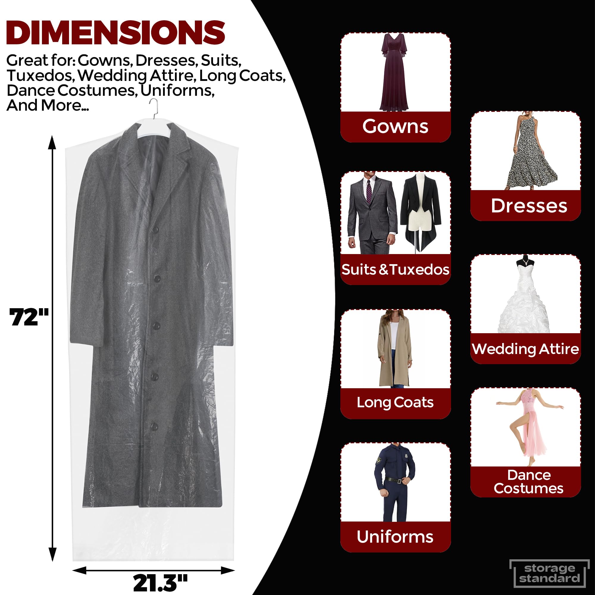 Storage Standard LDPE-durable seams protect dance costumes while stored