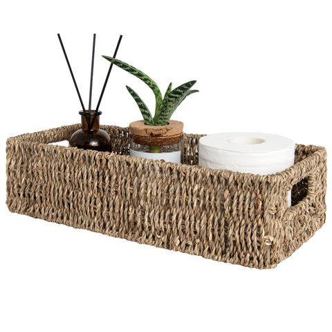 StorageWorks seagrass basket with built-in handles on toilet tank for easy access