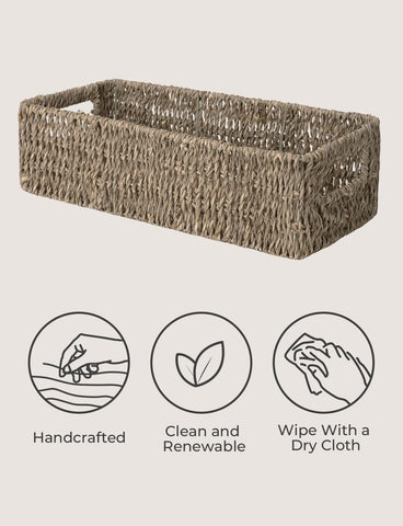 StorageWorks seagrass basket on vanity for skincare and towels
