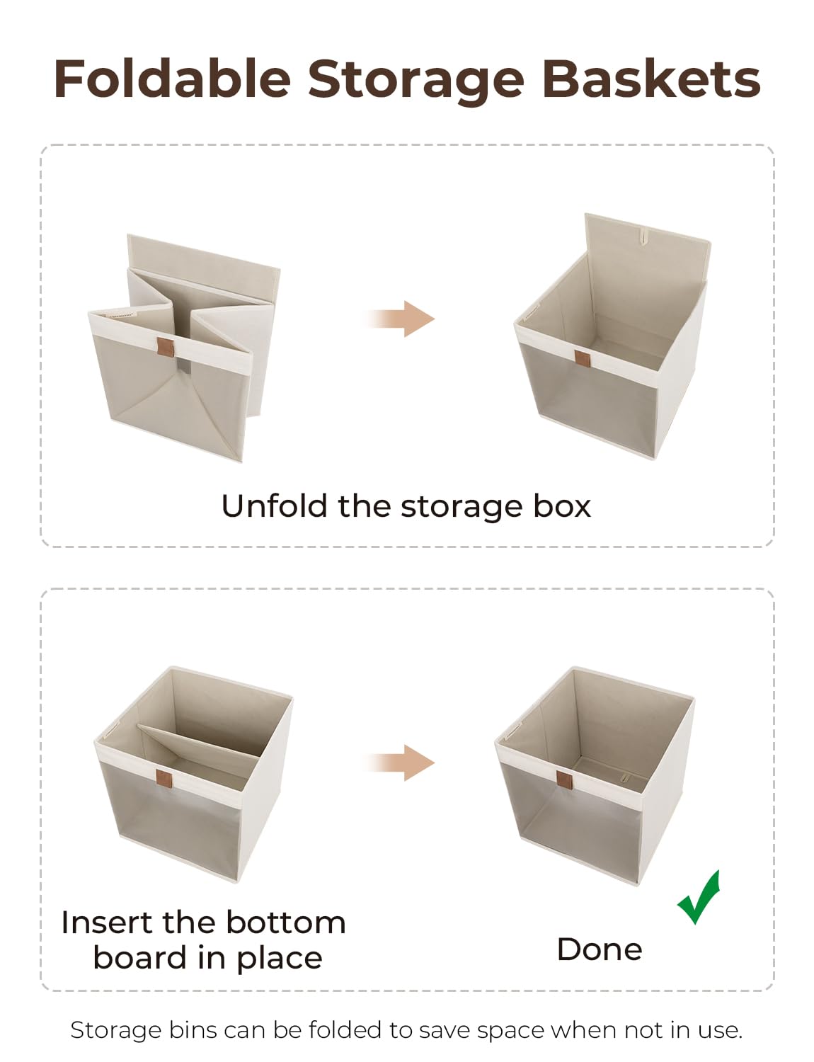 StorageWorks beige 11x11 bins blend with decor and stay organized