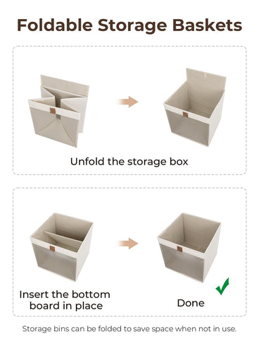 StorageWorks beige 11x11 bins blend with decor and stay organized