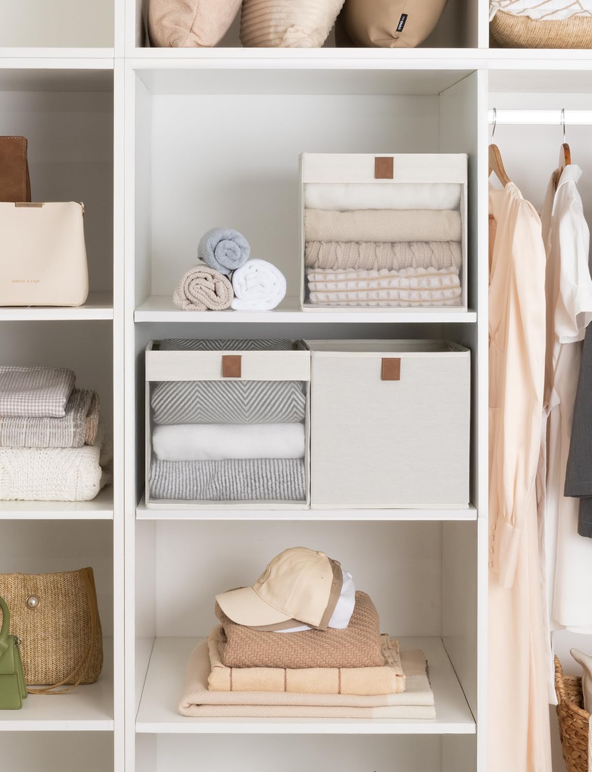 StorageWorks beige cubes organized on a closet shelf for neatness