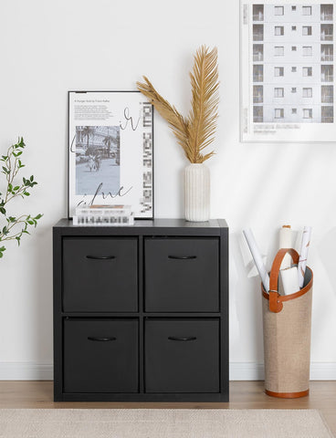 StorageWorks 13-inch cube bin on closet shelf keeps items tidy.