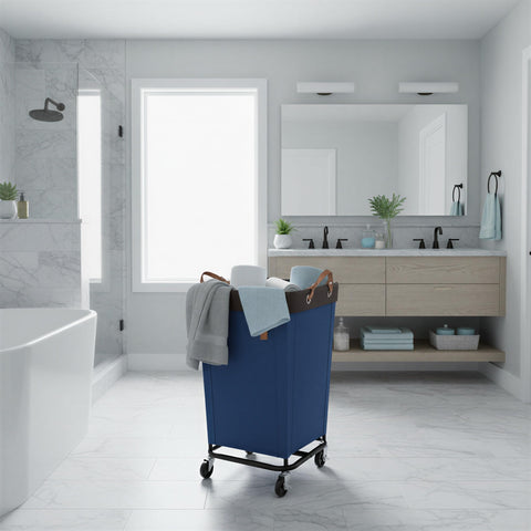 StorageWorks 160L blue laundry basket placed in a laundry room setting