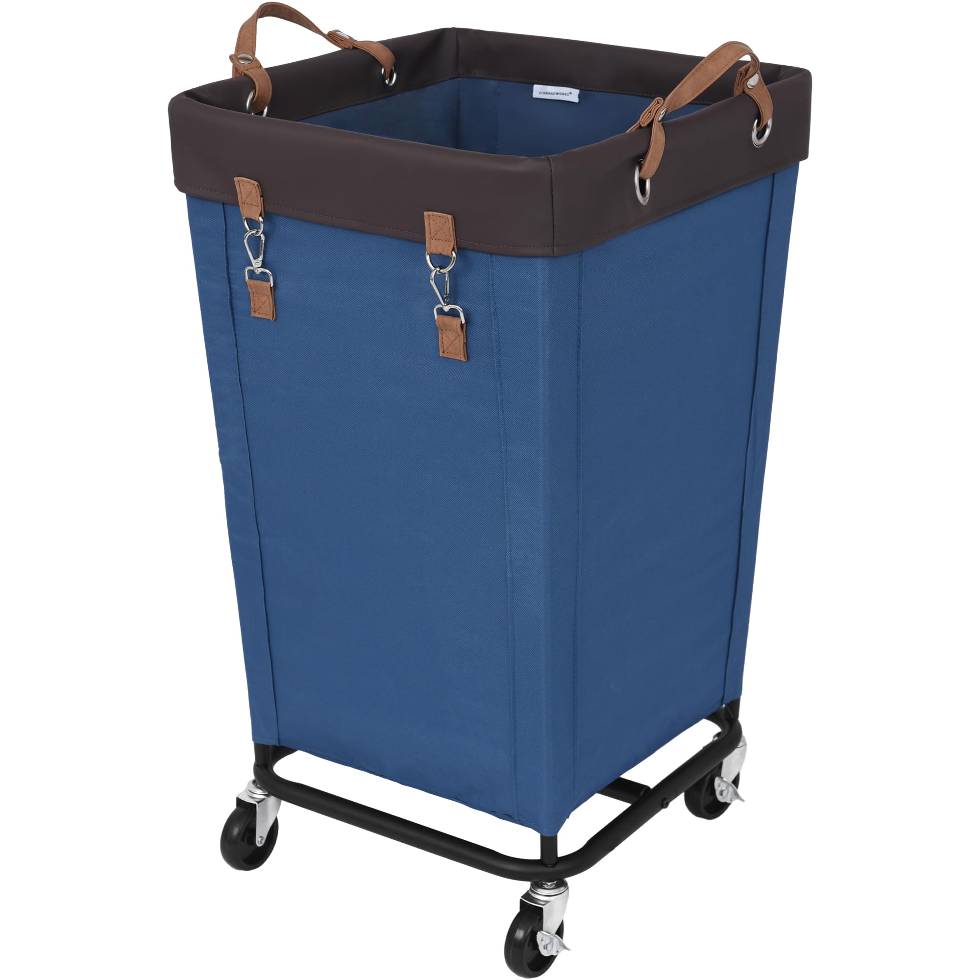 StorageWorks 160L laundry basket with wheels side view showing smooth mobility across floors