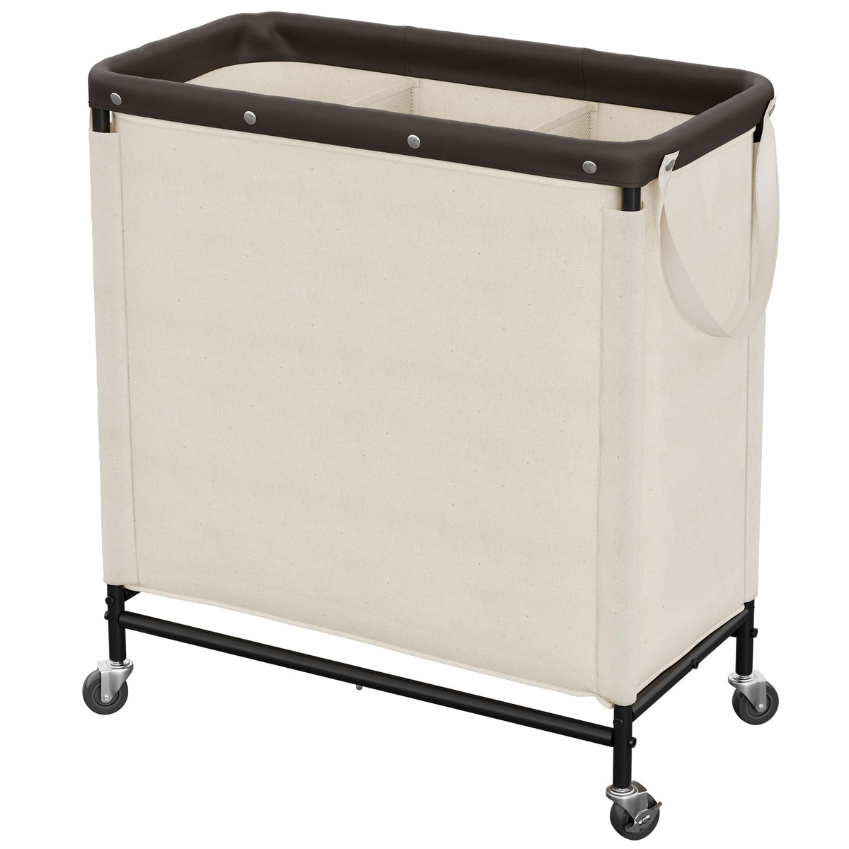StorageWorks 3-section laundry hamper in beige with rolling wheels for effortless sorting.