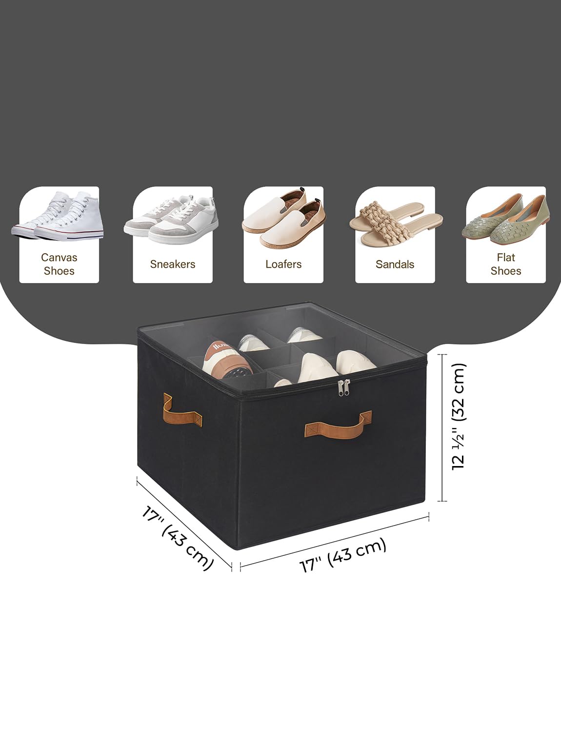 StorageWorks adjustable dividers create customizable compartments for sneakers.