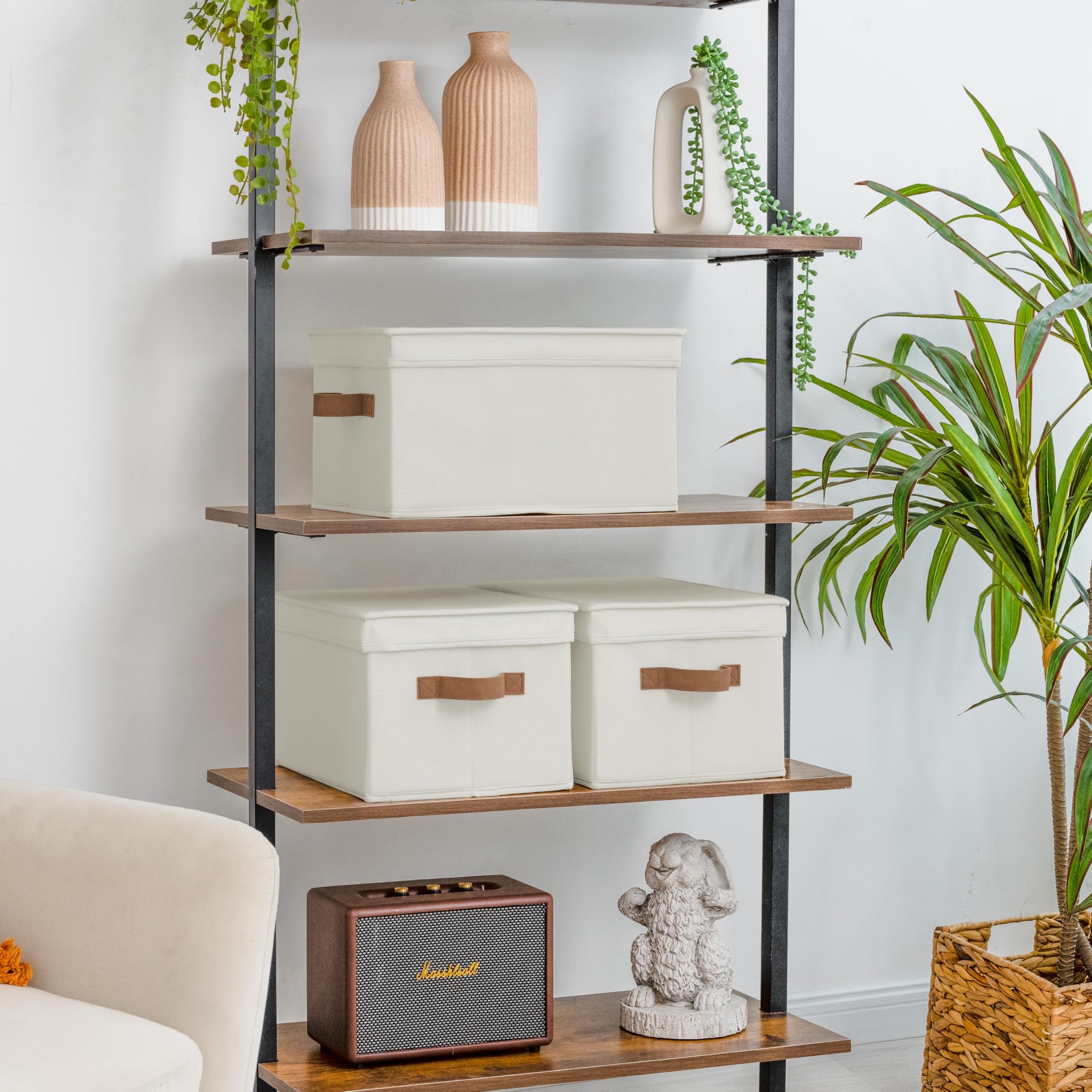 StorageWorks basket with PU handles easily pulls from shelves
