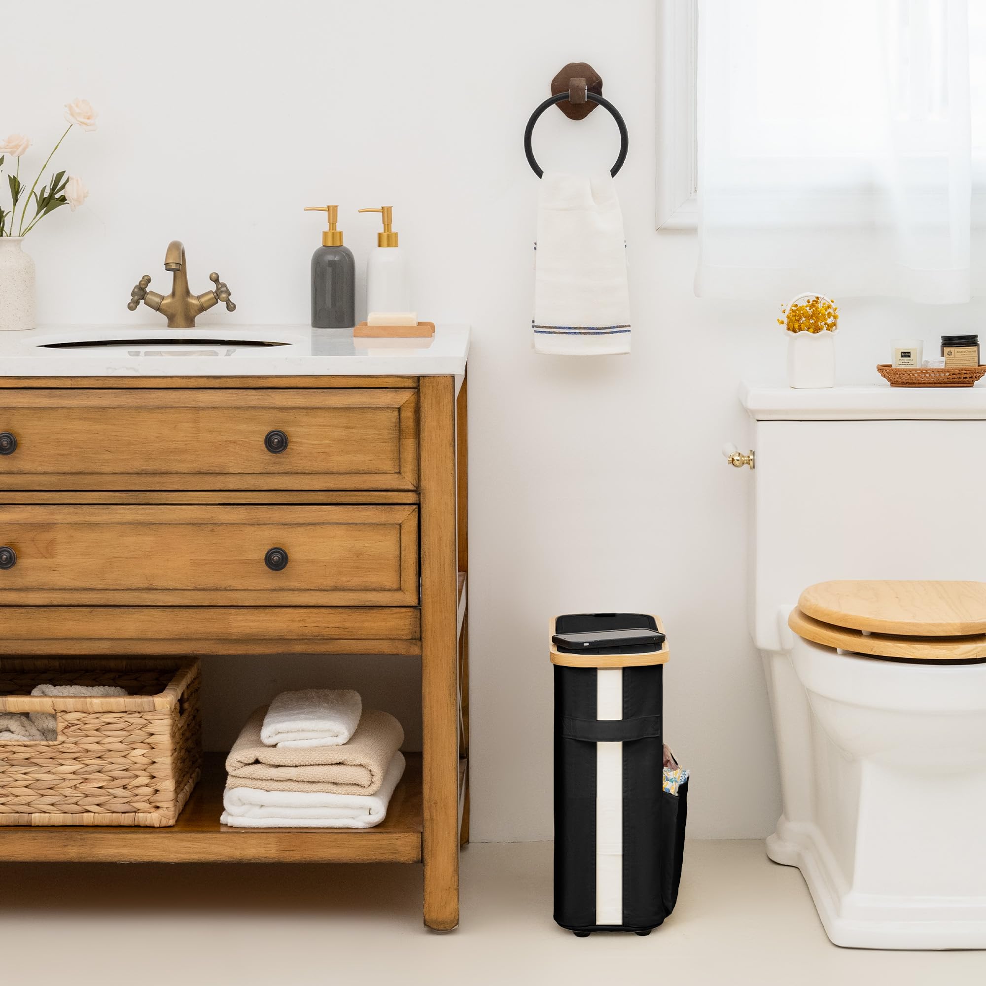 StorageWorks bathroom organizer with side pocket for wipes and small essentials.