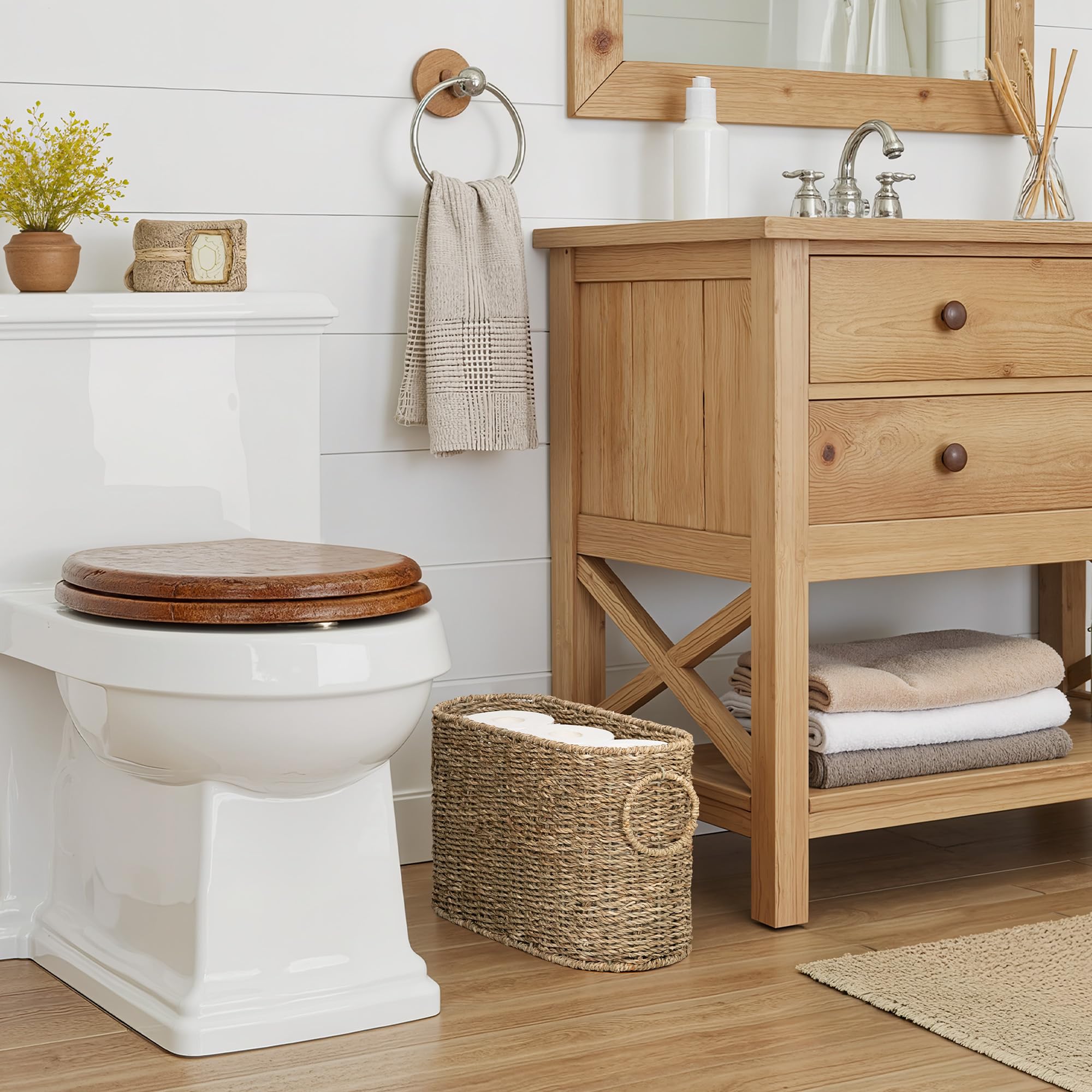 StorageWorks bathroom storage six-roll basket fits compact spaces and quick access