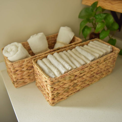 StorageWorks bathroom storage in water hyacinth, close-up of weave and material texture.