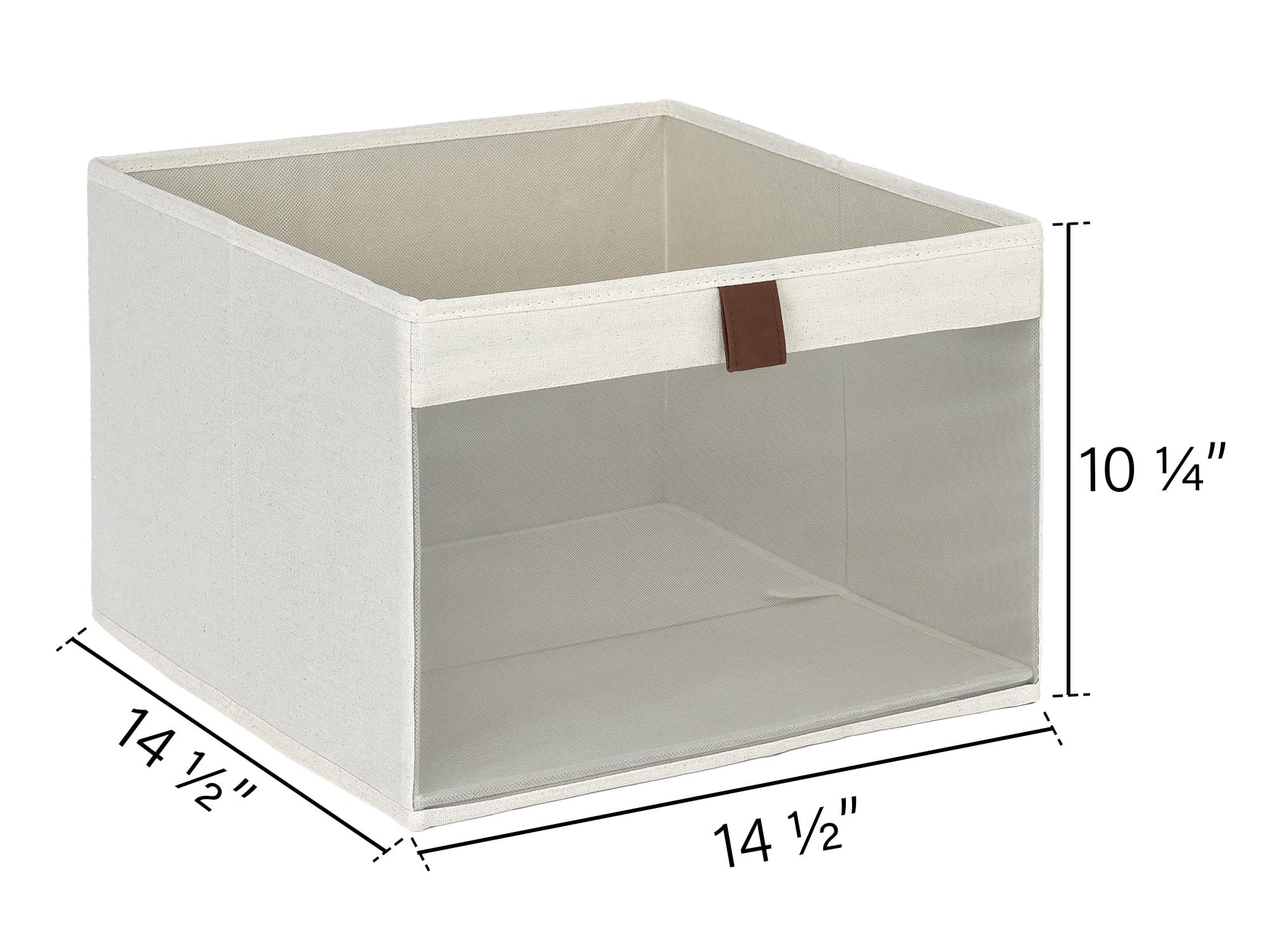 StorageWorks beige bin with thick pull-tab handles for easy retrieval.