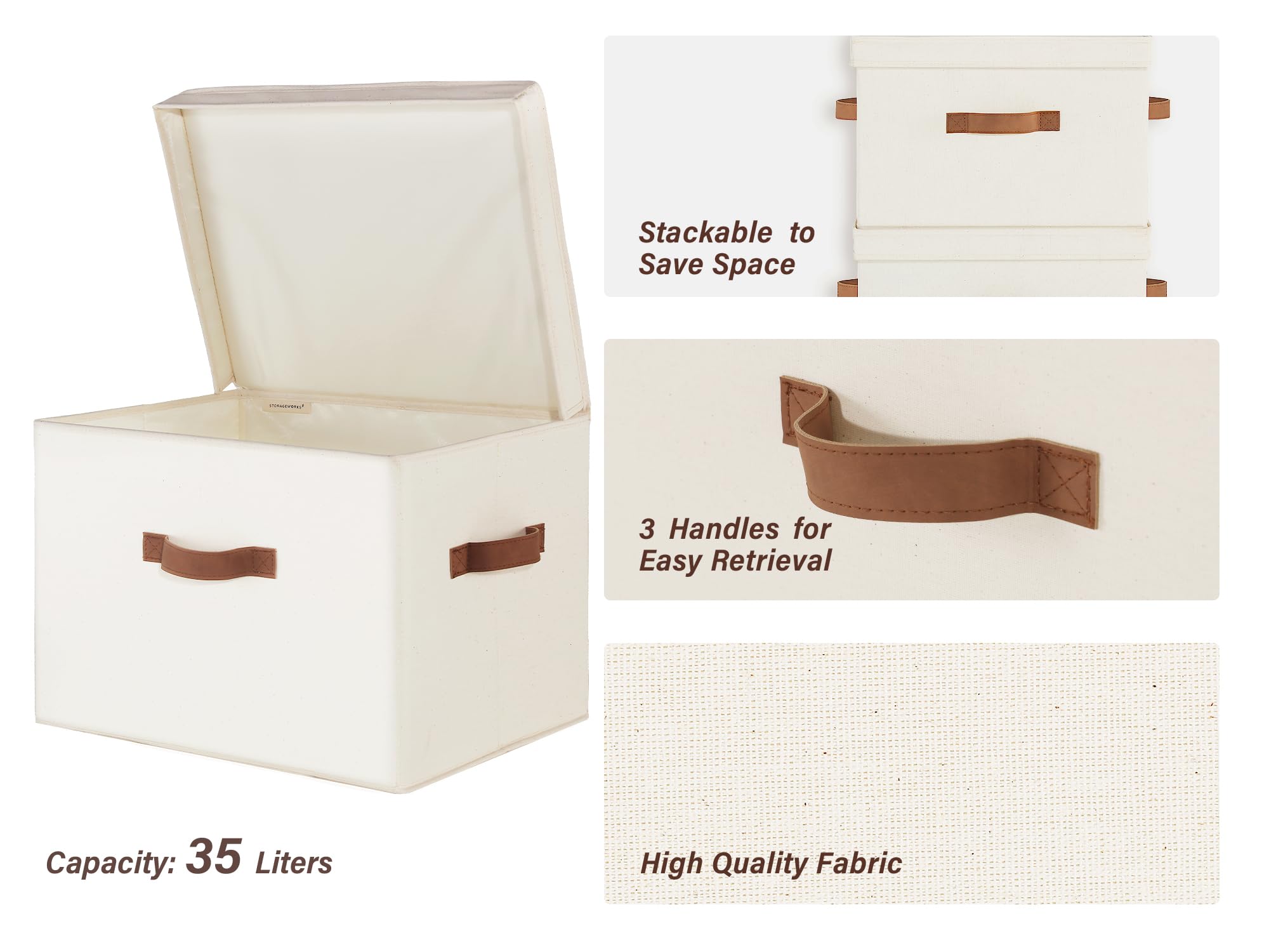 StorageWorks bin front with flip-top lid proving dust protection in closet.