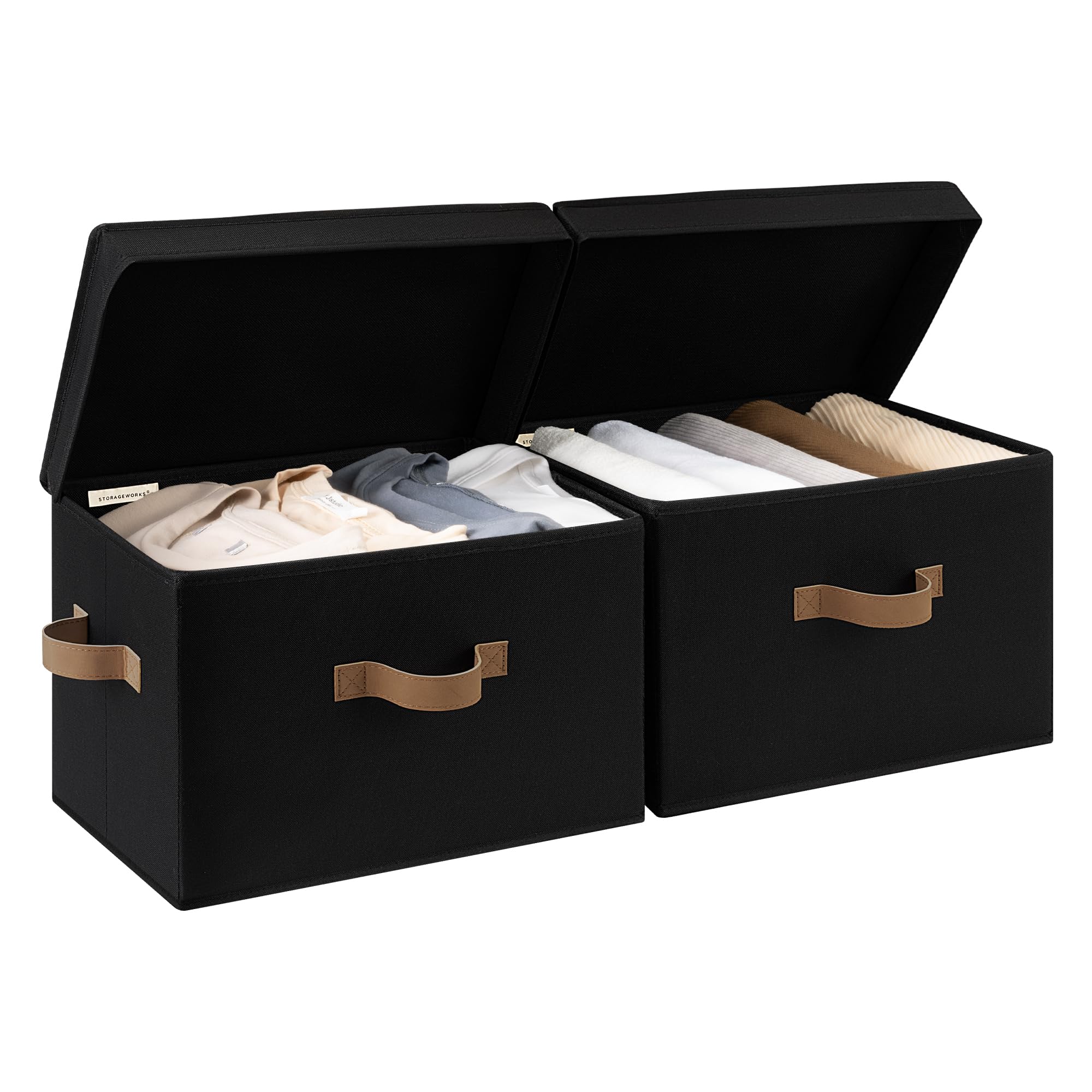 StorageWorks bin with flip-top lid on shelf for easy access.