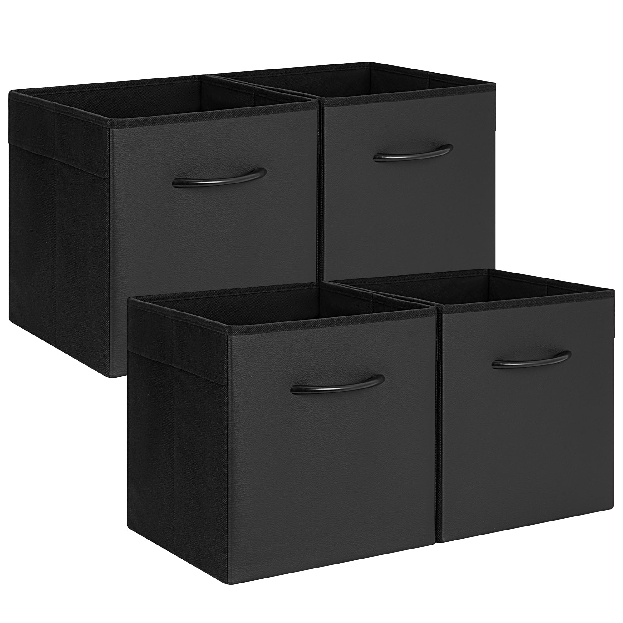 StorageWorks black 11-inch cube bin with leather front for sturdy shelf storage.