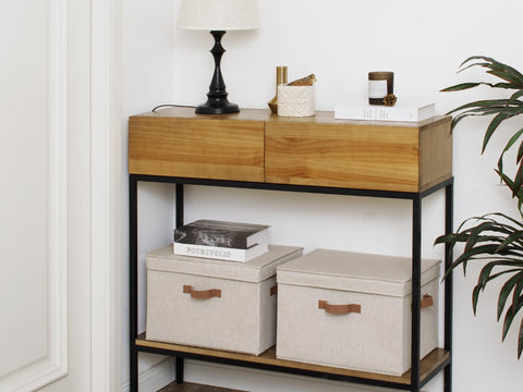 StorageWorks brown beige finish decorative storage on display