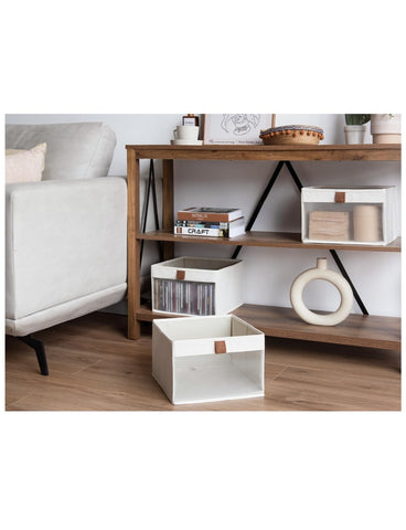 StorageWorks closet bin suited for shelves and cube cabinets in beige.